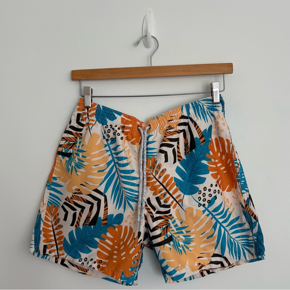 Boys Swim Trunks Shorts Large Blue Orange Cream 
Tropical Print Summer Swim Pool